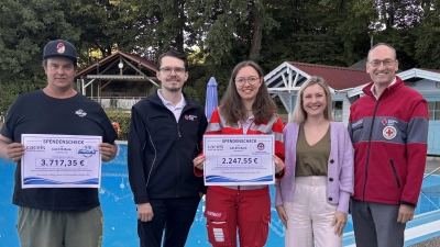 Freude bei der Spendenübergabe (v.l.): Thomas Möckl (Freibad Ainhofen), Dennis Behrendt (BRK-Kreisgeschäftsführer), Alina Huber (Wasserwacht Ainhofen), Annemarie Herrmann (CACEIS Bank) und Bernhard Seidenath (BRK-Kreisvorsitzender). (Foto: BRK Dachau)