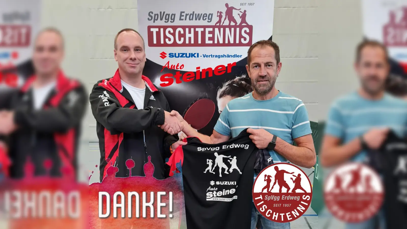 Marcus Ölsner, Abteilungsleiter Tischtennis (li), bedankt sich herzlich bei Inhaber Roland Steiner (re) für die Finanzspritze. (Foto: SpVgg Erdweg TT-Abteilung)