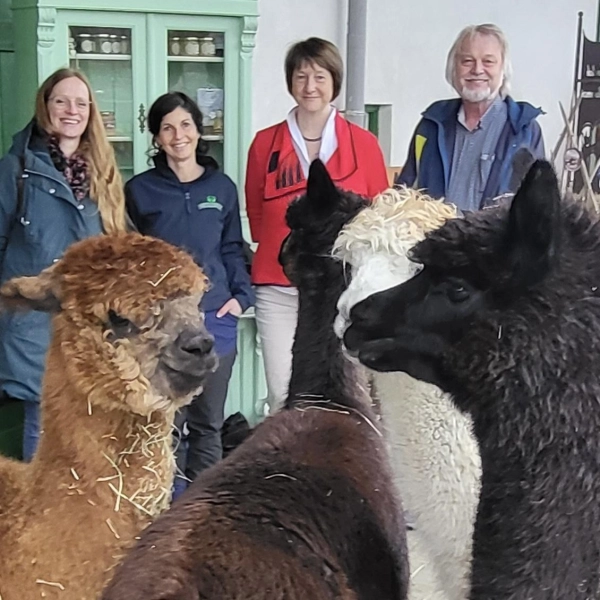 Stefanie Otterbein, Kathrin Loder, Gabriele Kuhn und Georg Weigl (von links) und einige Alpakas freuen sich über die Urkunden. (Foto: Bruggerhof)